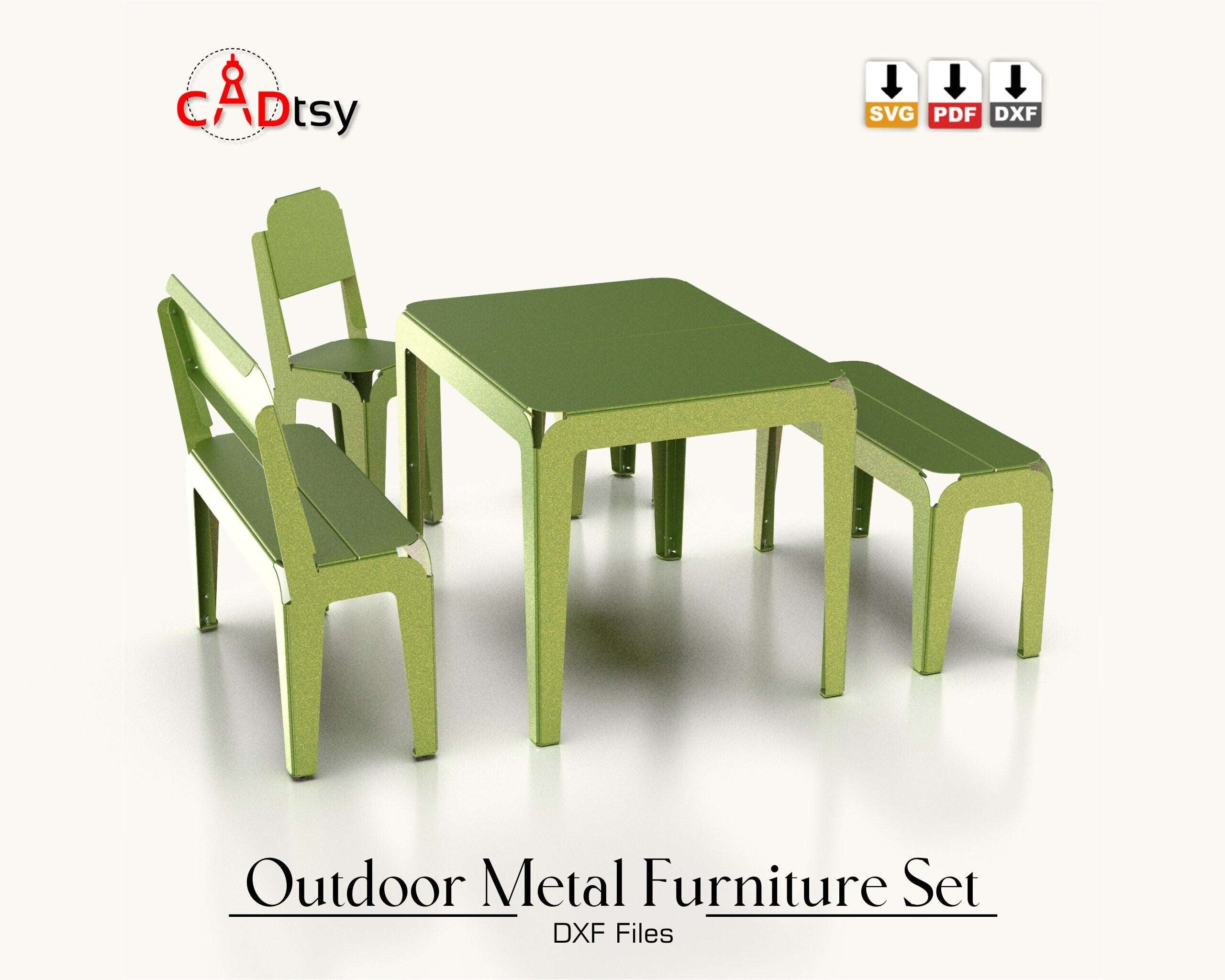 Outdoor metal CNC laser/plasma cut set for kids: table, bench, backrest bench, stool, and backrest stool. Modern style, heavy-duty design. Perfect for a patio or garden, combining style and durability for children's outdoor furniture.