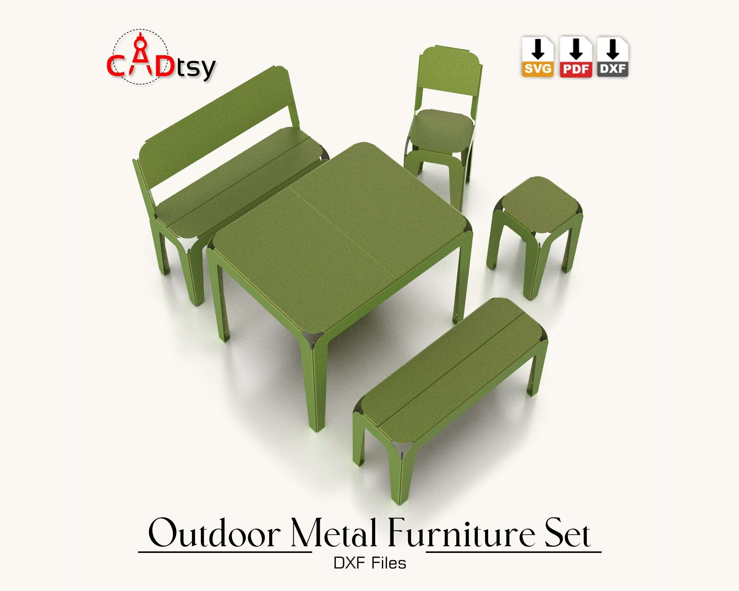 Outdoor metal CNC laser/plasma cut set for kids: table, bench, backrest bench, stool, and backrest stool. Modern style, heavy-duty design. Perfect for a patio or garden, combining style and durability for children's outdoor furniture.