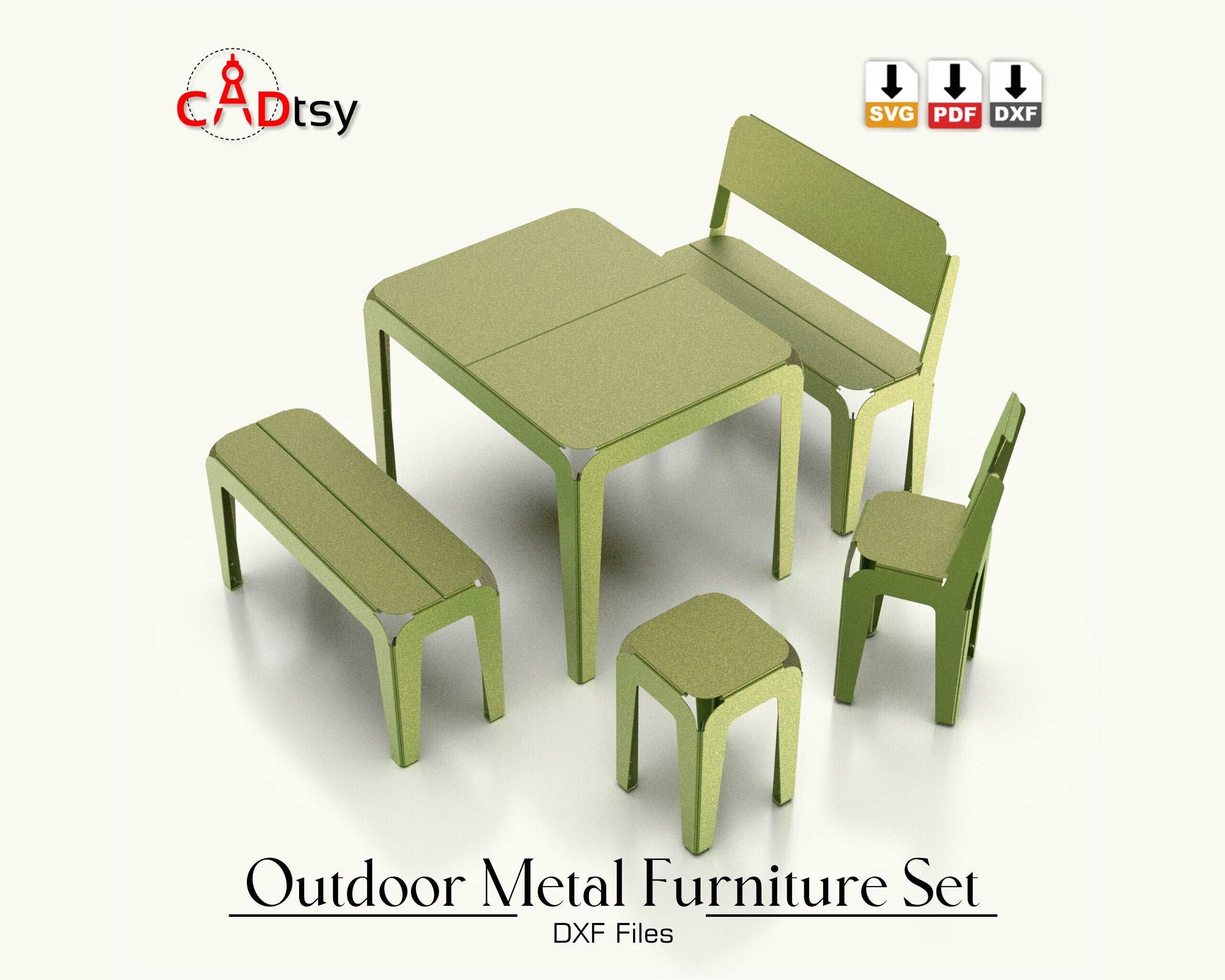 Outdoor metal CNC laser/plasma cut set for kids: table, bench, backrest bench, stool, and backrest stool. Modern style, heavy-duty design. Perfect for a patio or garden, combining style and durability for children's outdoor furniture.