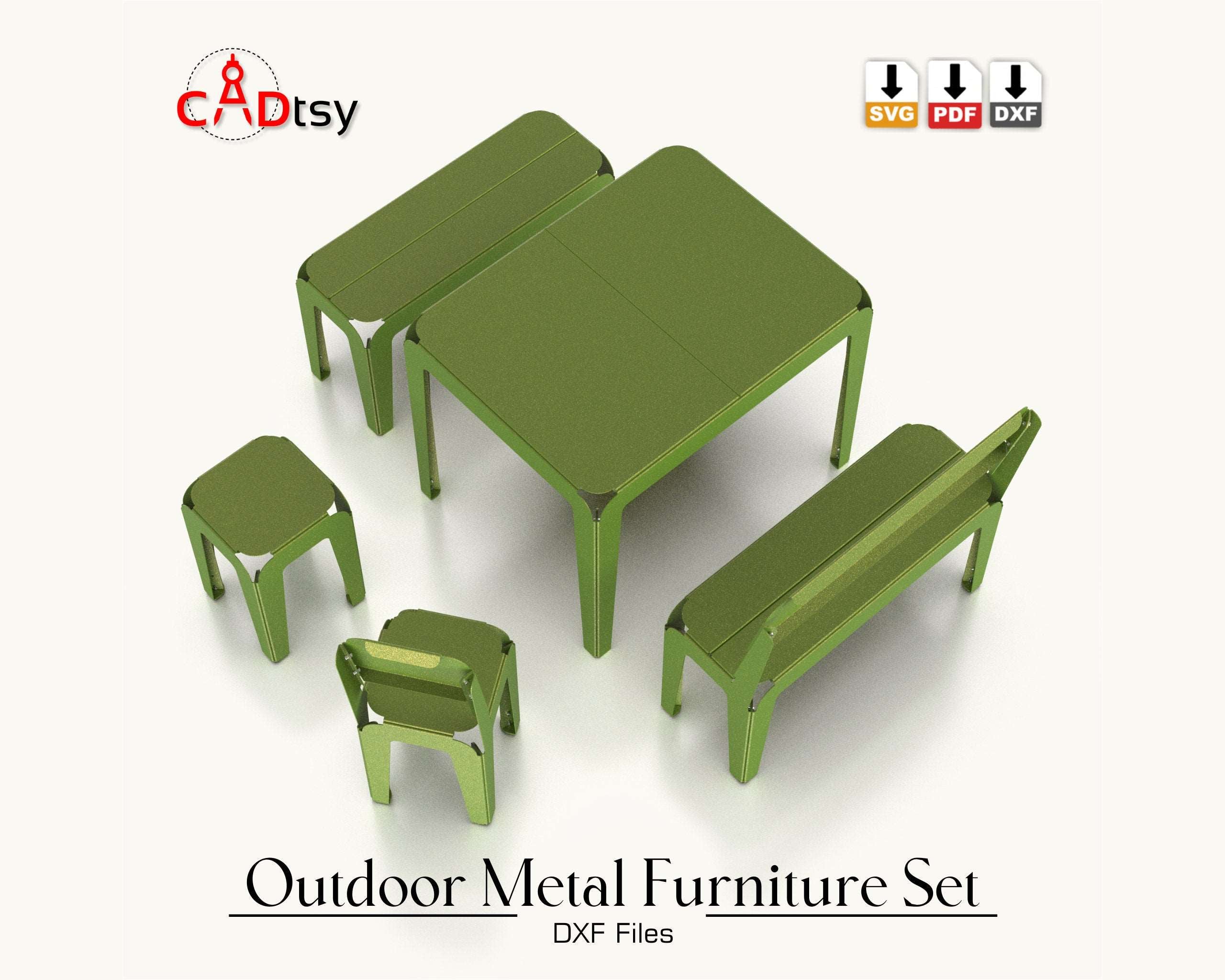 Outdoor metal CNC laser/plasma cut set for kids: table, bench, backrest bench, stool, and backrest stool. Modern style, heavy-duty design. Perfect for a patio or garden, combining style and durability for children's outdoor furniture.