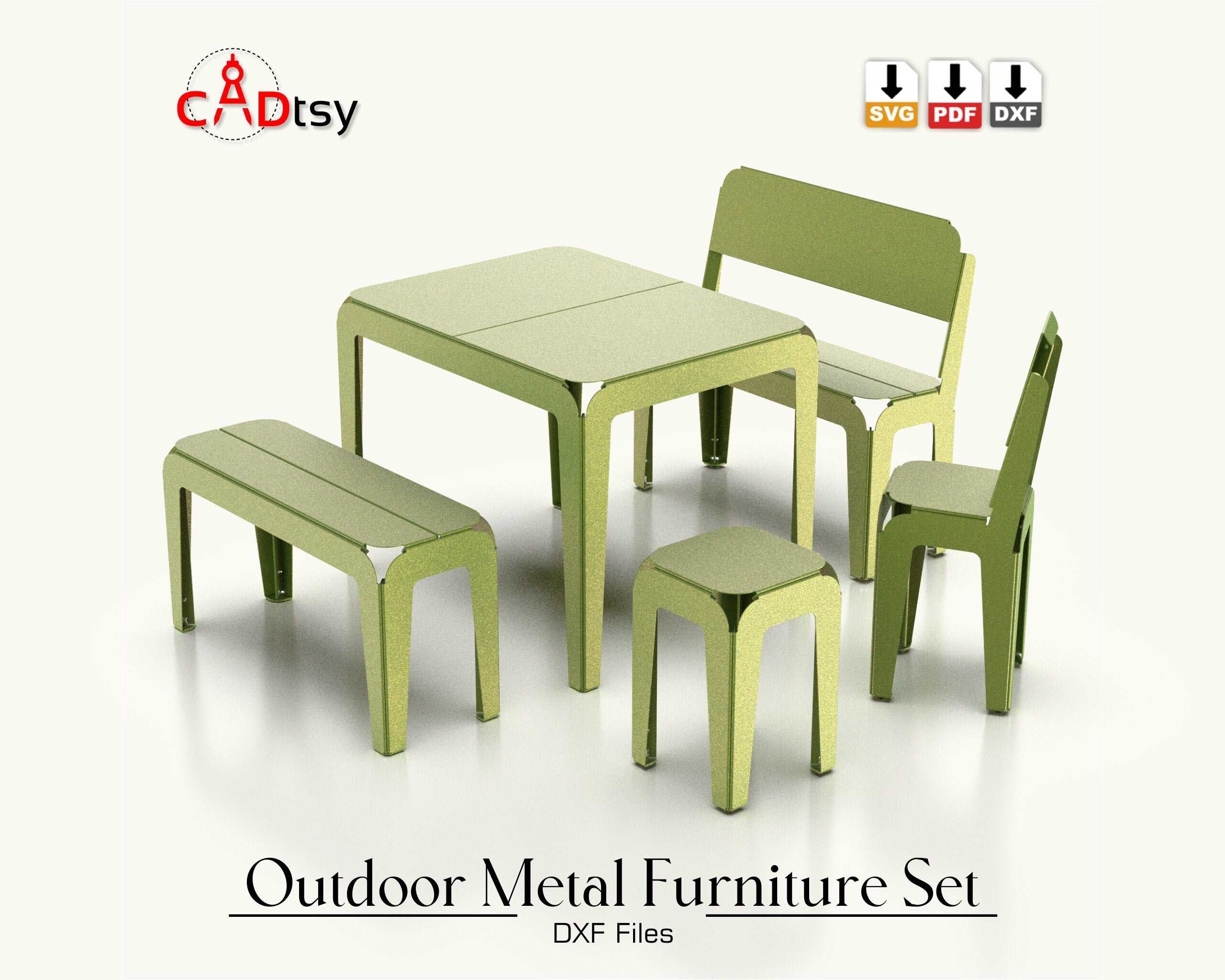 Outdoor metal CNC laser/plasma cut set for kids: table, bench, backrest bench, stool, and backrest stool. Modern style, heavy-duty design. Perfect for a patio or garden, combining style and durability for children's outdoor furniture.