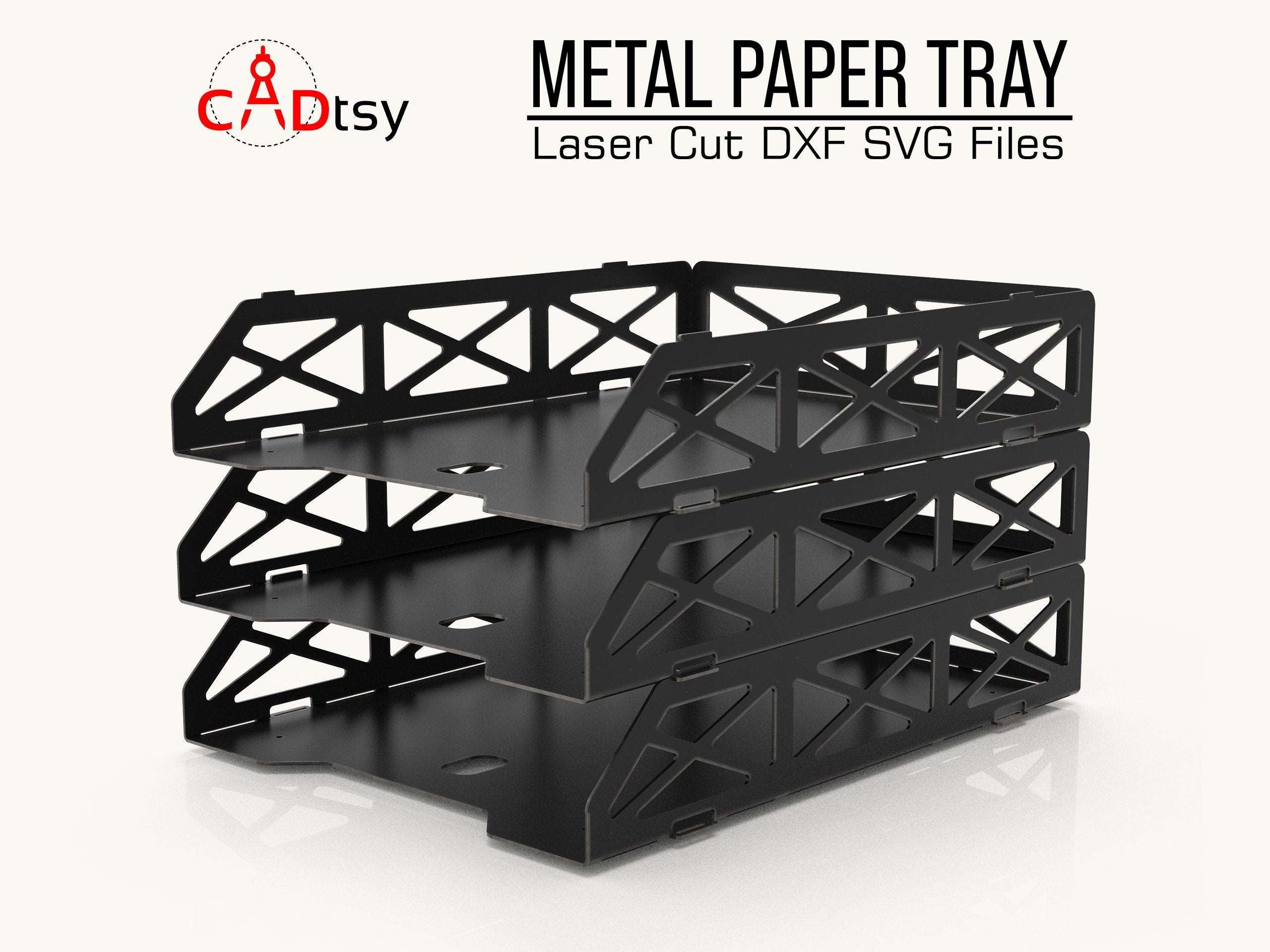 A stylish metal paper tray, made from a DXF file, shown on a desk holding a stack of A4 documents.