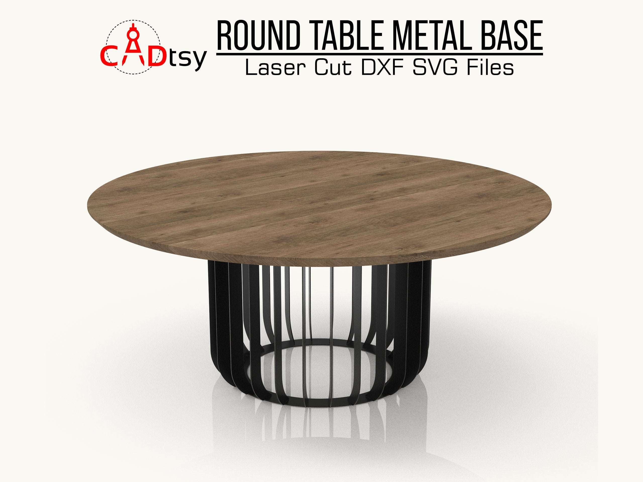 A sleek, industrial metal round table base, made from plasma dxf files, shown ready for a tabletop.