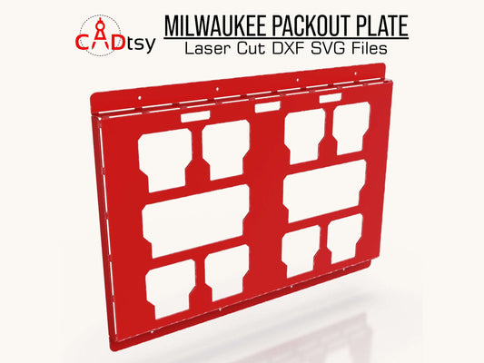 A red metal Milwaukee Packout mounting plate, made from plasma dxf files, shown mounted on a workshop wall