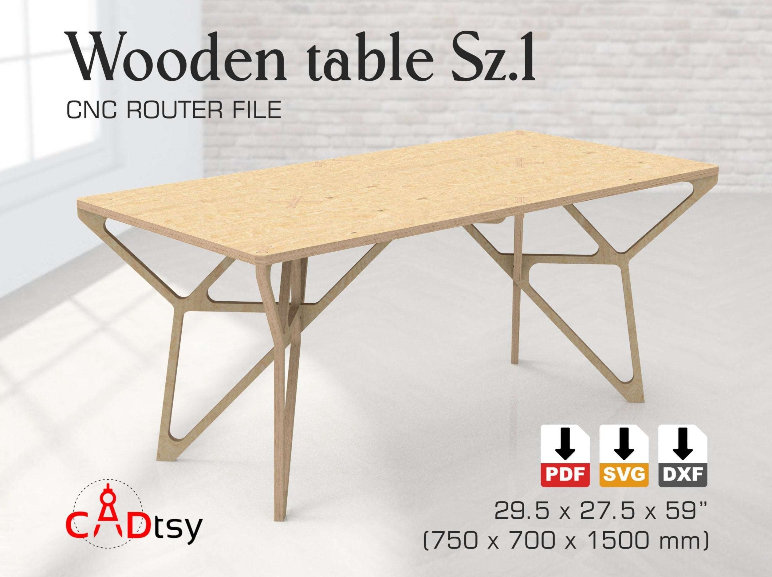 A modern wooden table or desk with a geometric base, made from CNC router files, shown in a stylish home office.