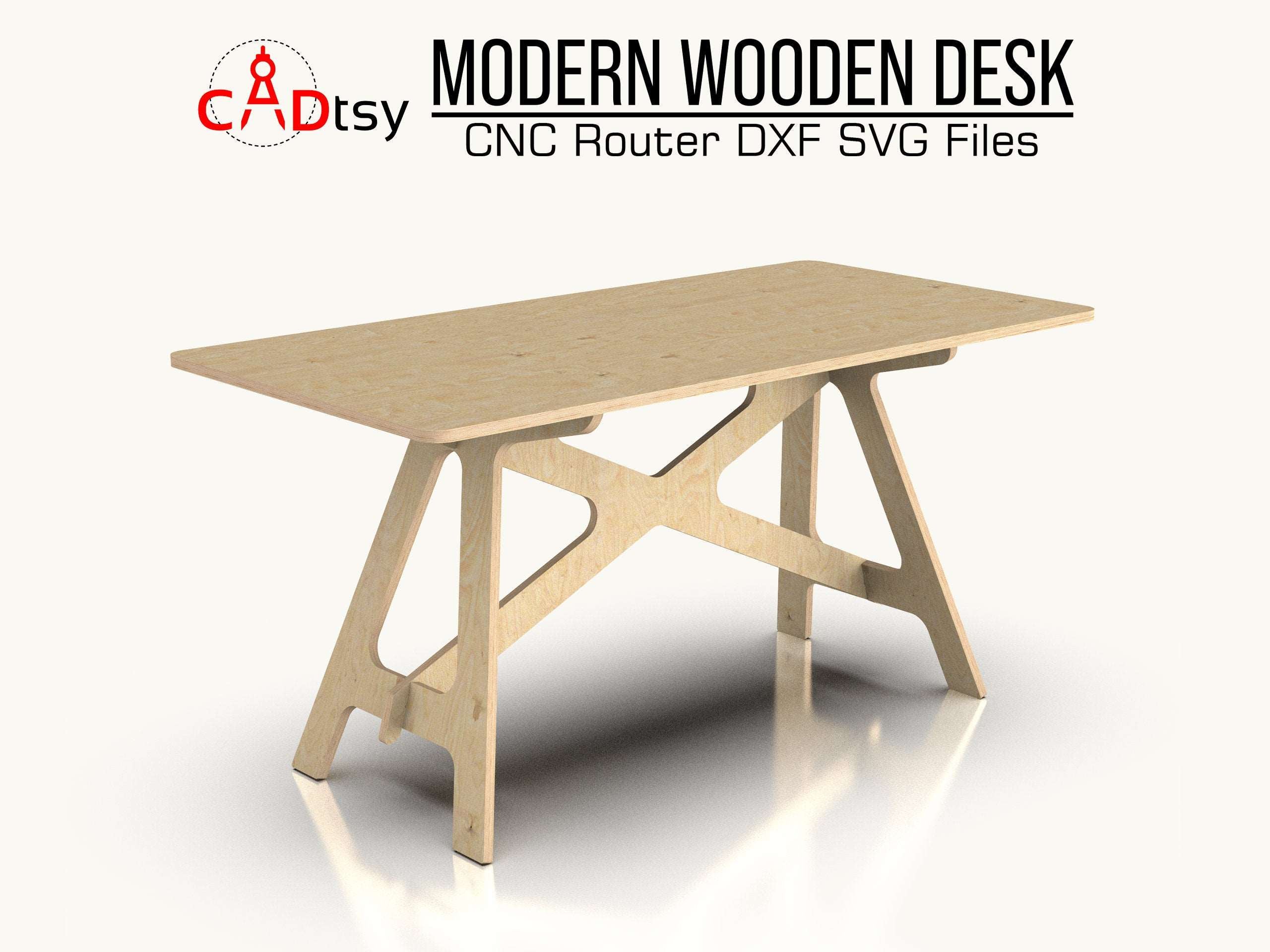 A sleek, modern wooden table with a geometric base, made from CNC router files, shown in a contemporary dining room.