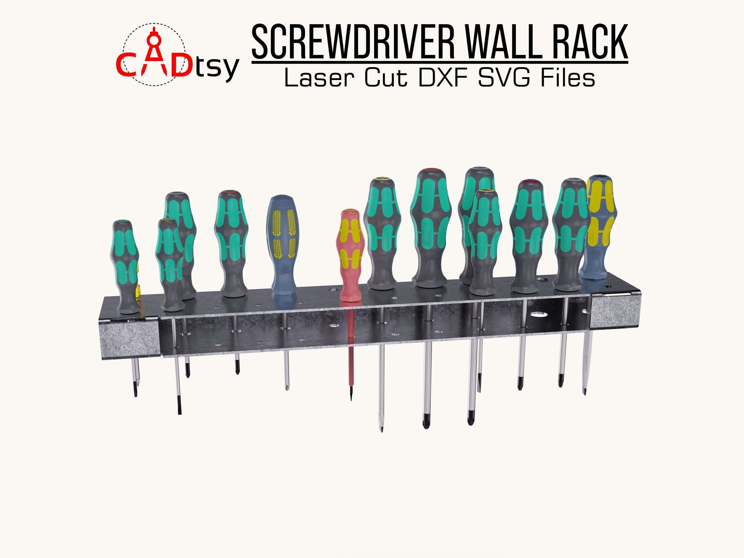 A metal screwdriver wall rack, made from a DXF file, mounted on a wall and holding a full set of screwdrivers.