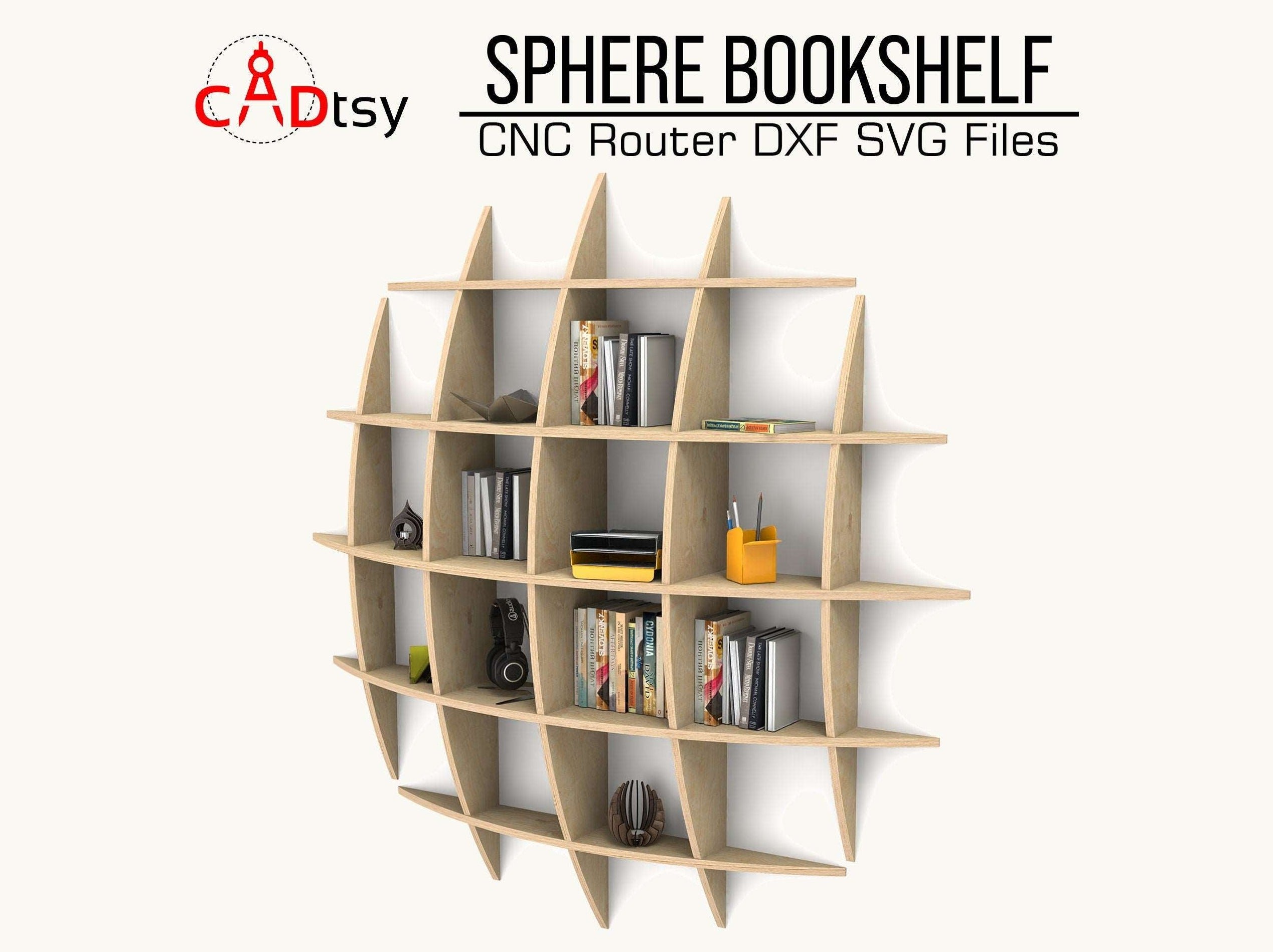 Innovative sphere bookshelf with a parametric waffle design, available in DXF and SVG files for CNC router cutting, showcasing a stylish and functional vector pattern for wall shelving solutions.