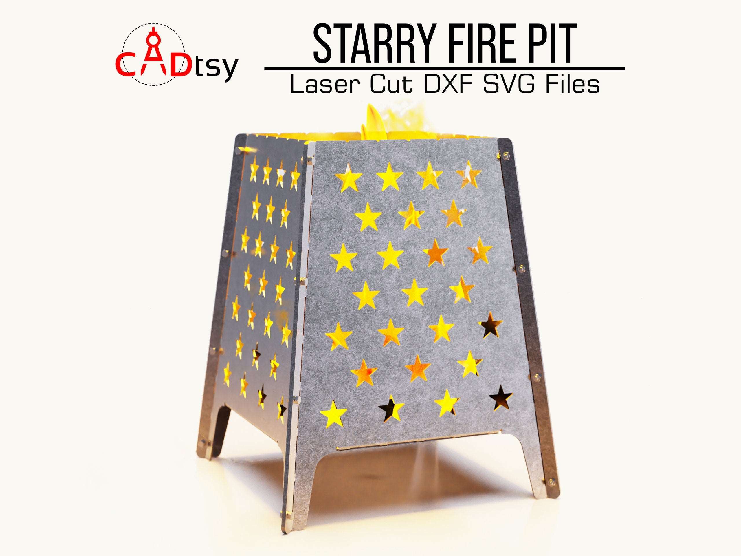 A metal star fire pit, made from a dxf file, glowing warmly with a fire under a starry night sky.