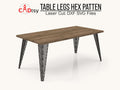 A single, perforated metal table leg, made from a DXF plasma file, shown ready to be attached to a custom dining table or desk.
