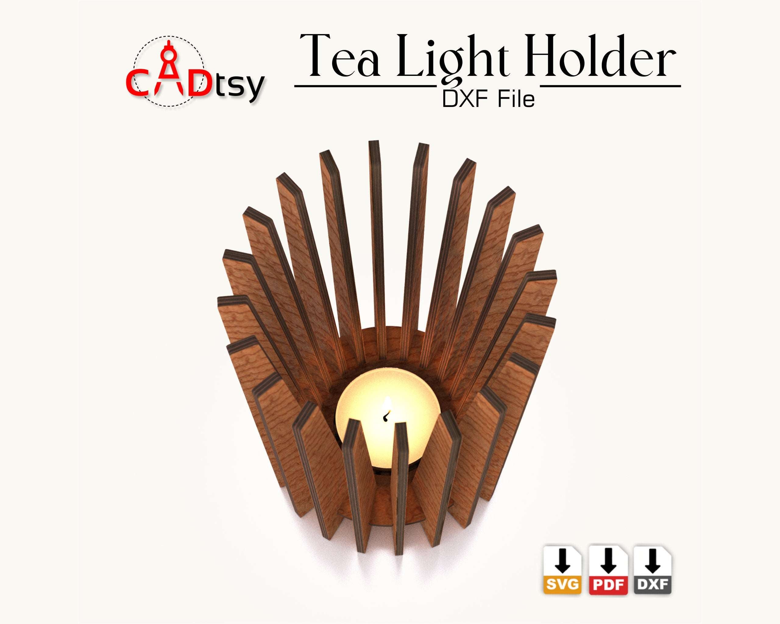 CADtsy Tea Light Candle Holder. Laser cut wooden brown plywood candlestick Lamp. Cylinder-shaped decor for a cozy home interior