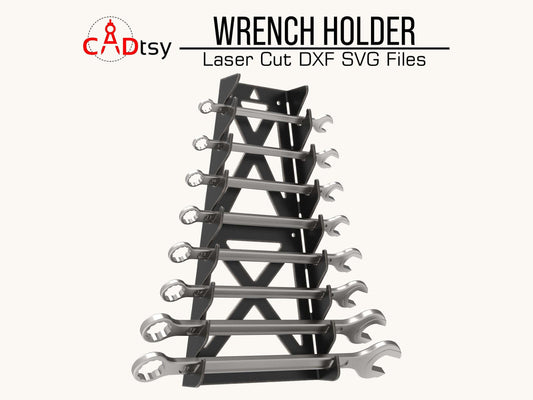 A black metal wrench holder, made from a DXF file, mounted on a wall and holding a set of combination wrenches.
