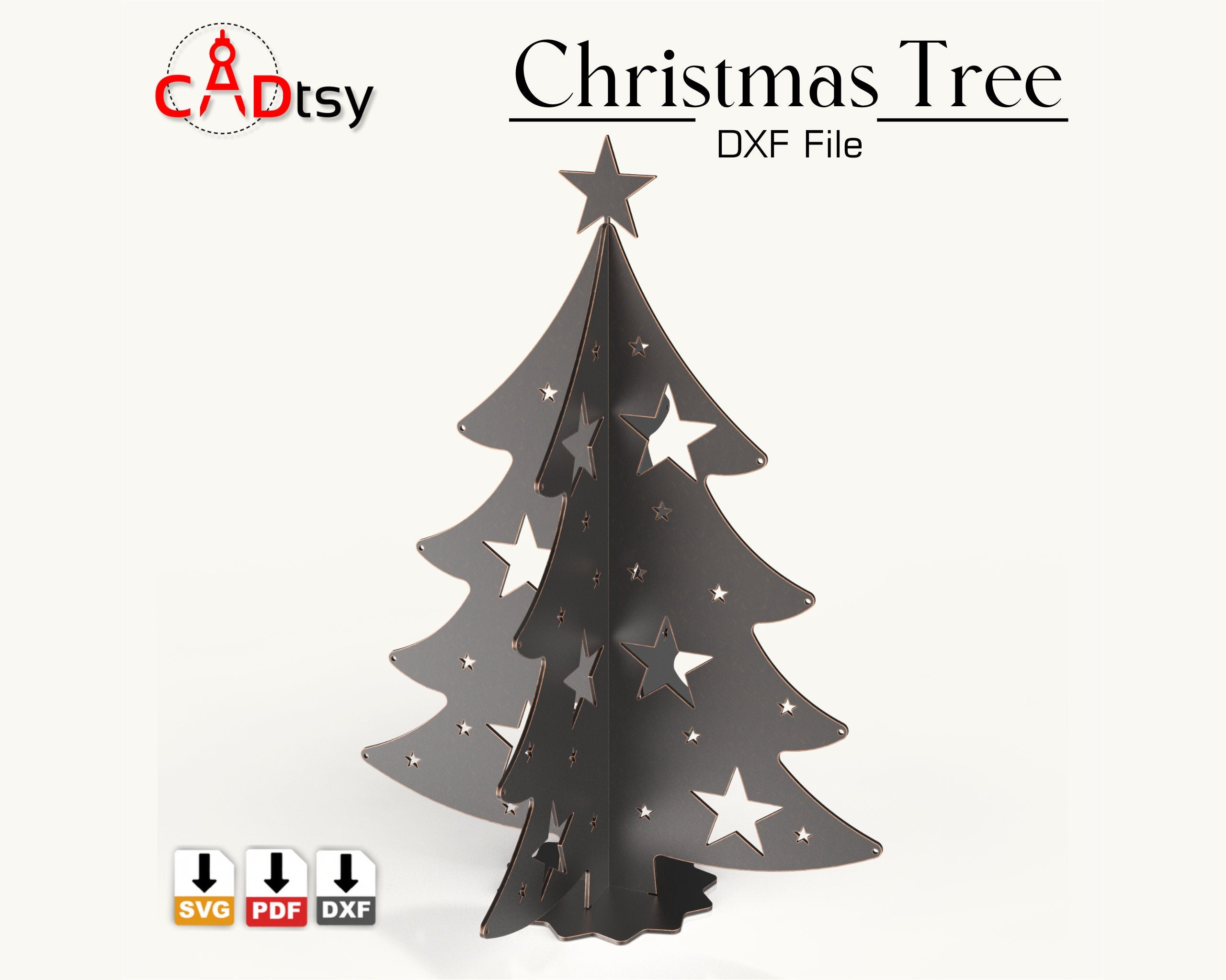 A 3D metal Christmas tree decoration, made from a DXF file, sitting on a table with festive lights in the background.