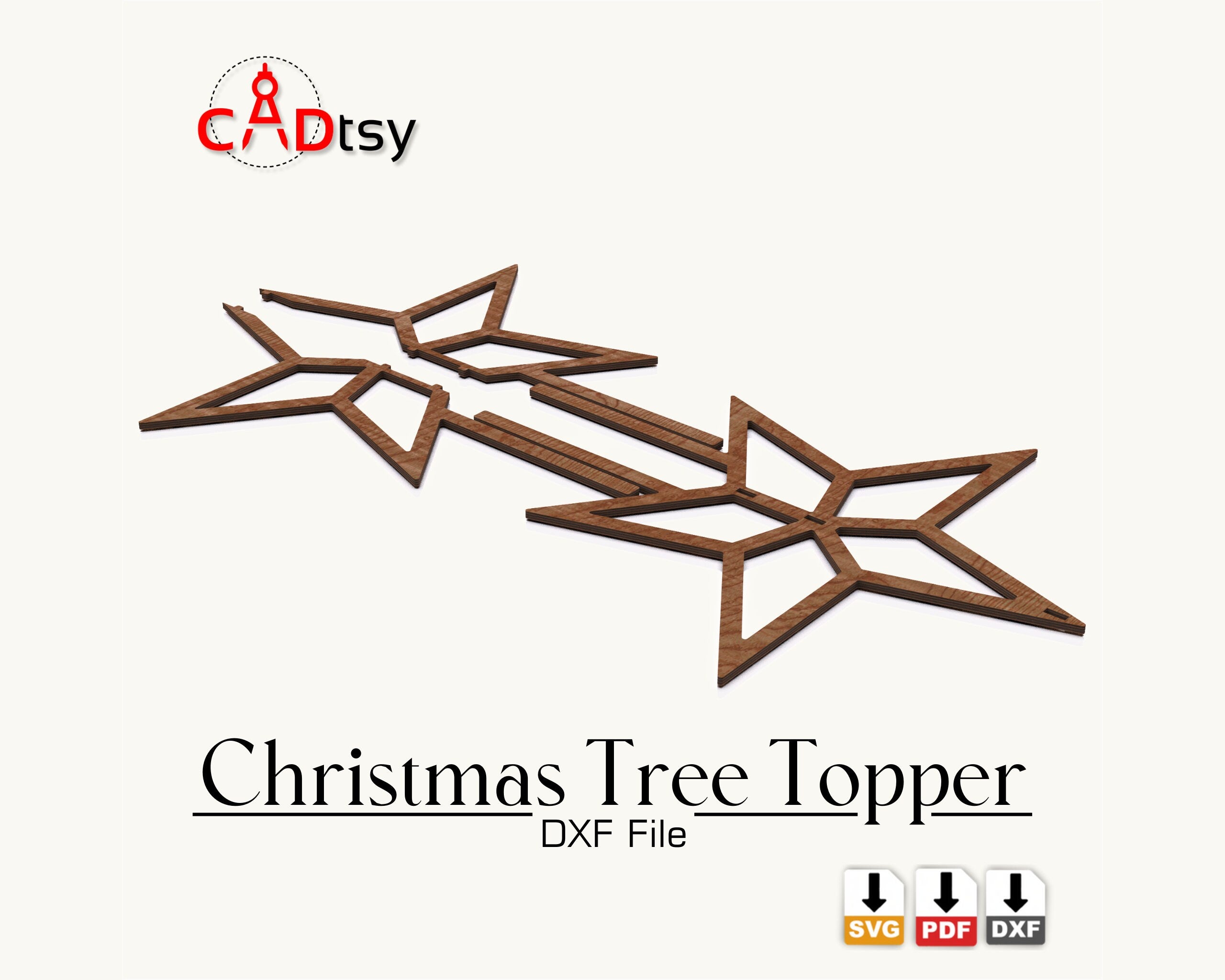 CADtsy Christmas Tree Topper Star SVG Laser Cutting File, DXF Wooden Decoration, Digital Download.
