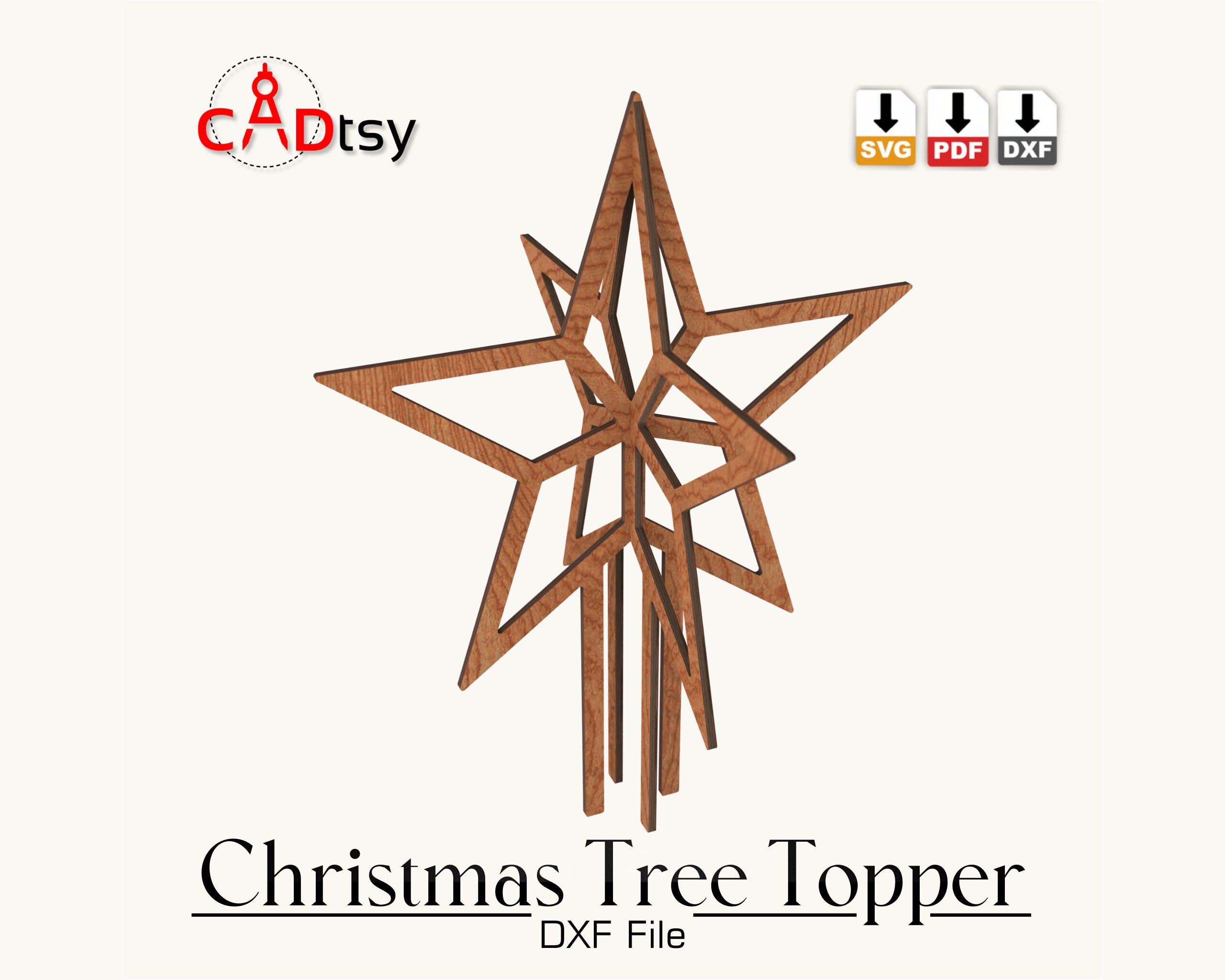 CADtsy Christmas Tree Topper Star SVG Laser Cutting File, DXF Wooden Decoration, Digital Download.