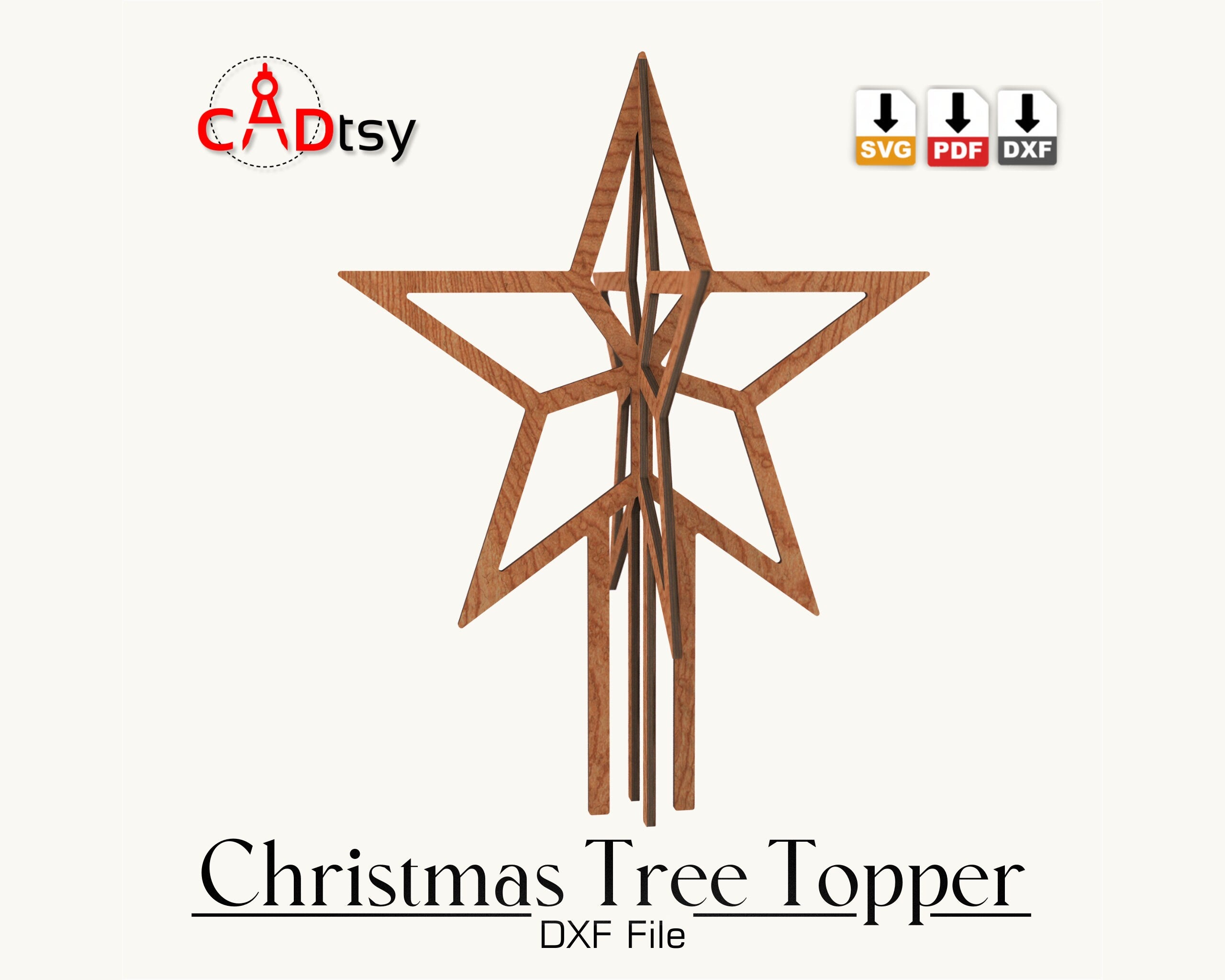 CADtsy Christmas Tree Topper Star SVG Laser Cutting File, DXF Wooden Decoration, Digital Download.