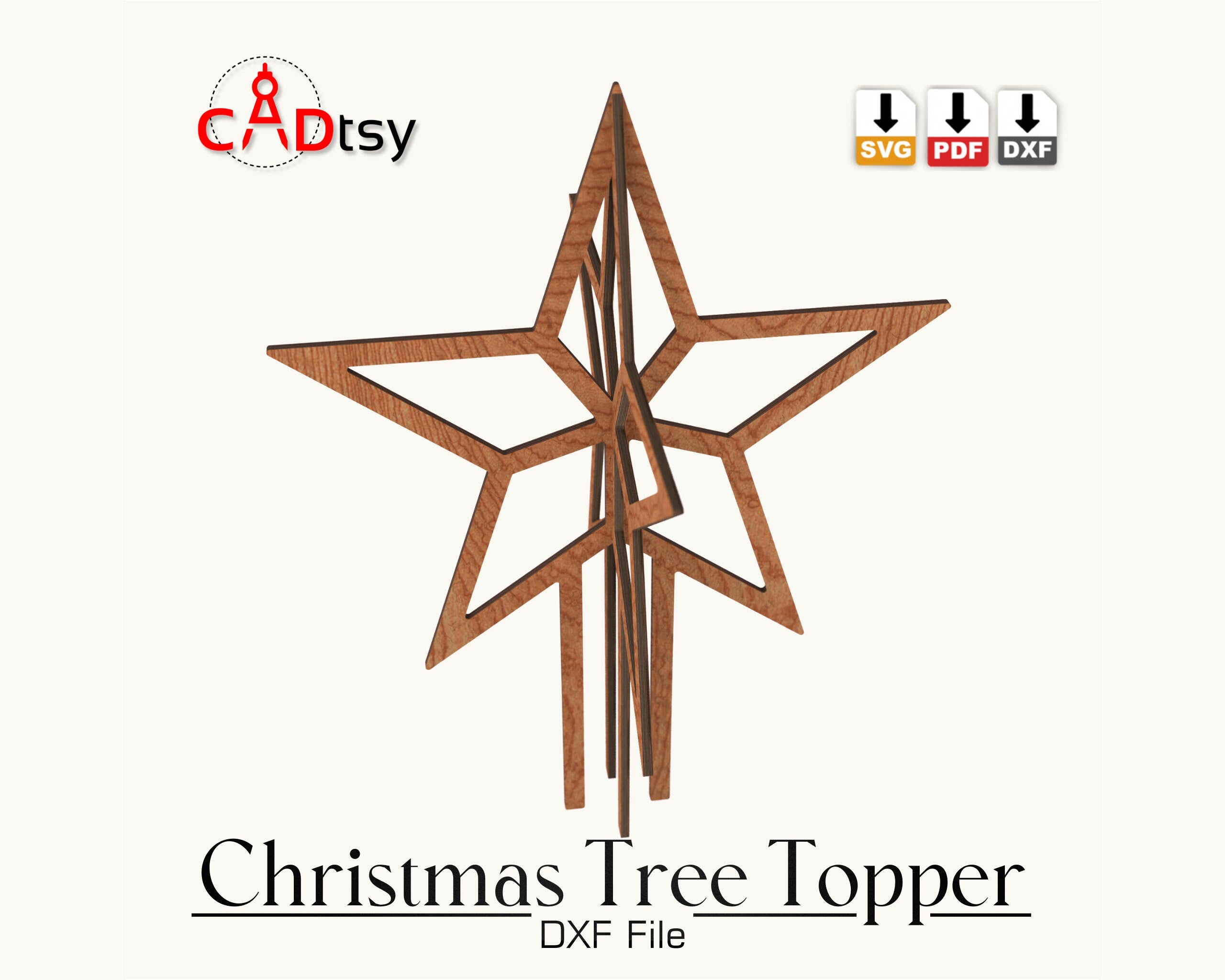 CADtsy Christmas Tree Topper Star SVG Laser Cutting File, DXF Wooden Decoration, Digital Download.
