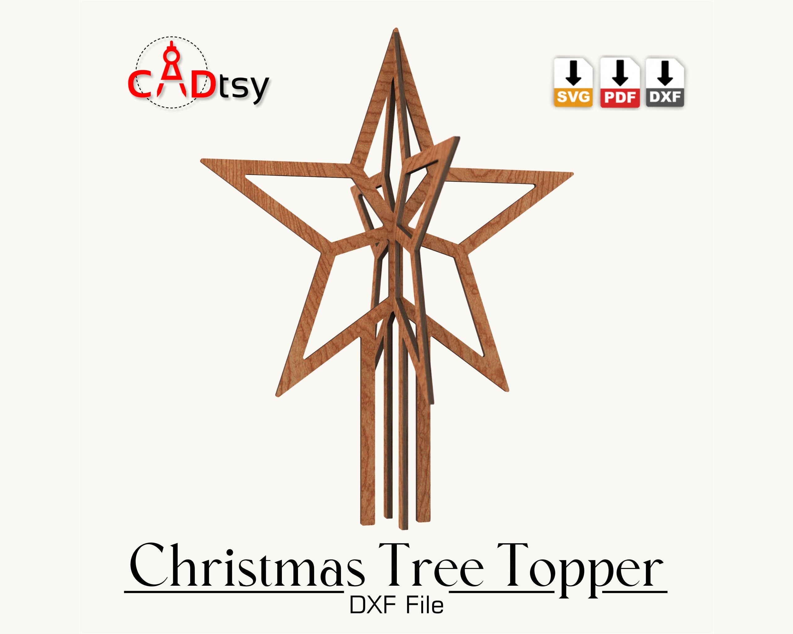 CADtsy Christmas Tree Topper Star SVG Laser Cutting File, DXF Wooden Decoration, Digital Download.