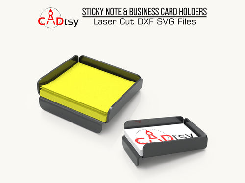A sleek metal desk organizer set, made from a DXF file, including a business card holder and a sticky note holder, shown on a modern desk.