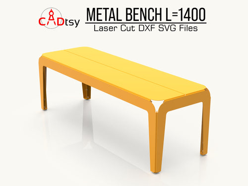 A sleek, modern 1400mm metal bench, made from DXF files, shown in a garden or patio setting.