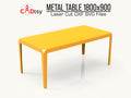 An elegant, modern metal dining table, made from a DXF file, shown fully assembled in a stylish dining room.