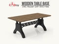 A sturdy industrial-style wooden table base, made from a DXF file, shown ready to support a large tabletop.