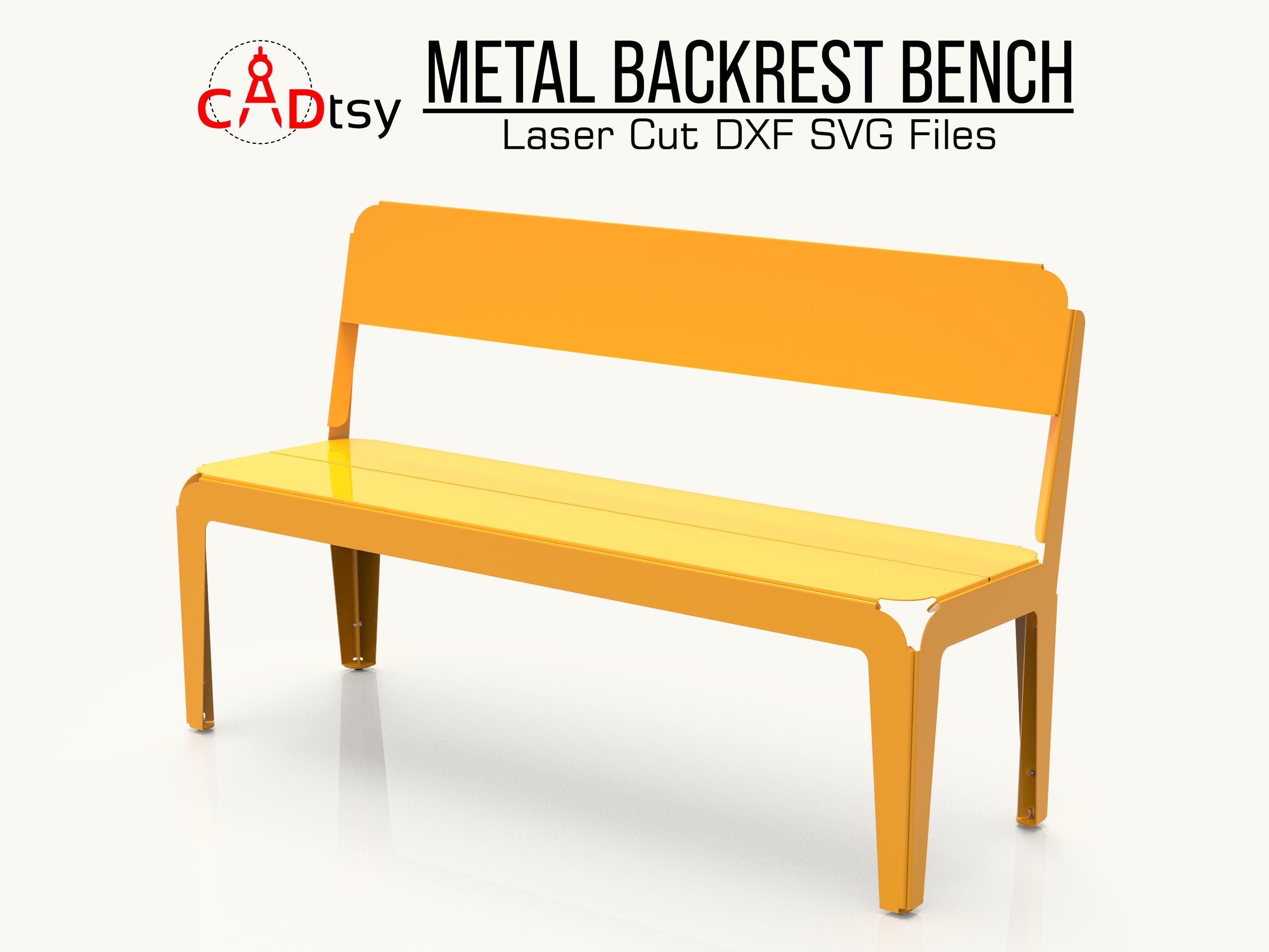 A sleek, modern 1400mm metal bench with a supportive backrest, made from a DXF file, shown in a park setting.