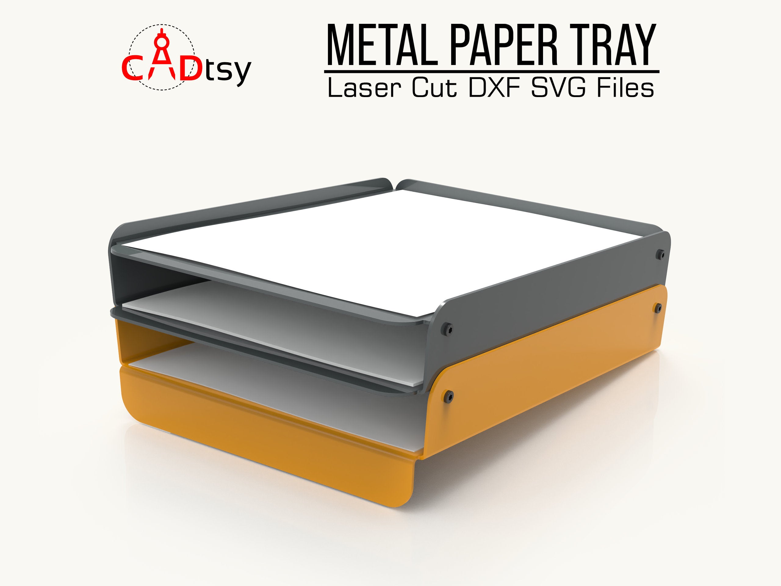 A modern metal paper tray, made from a DXF file, shown on a desk holding A4 documents.