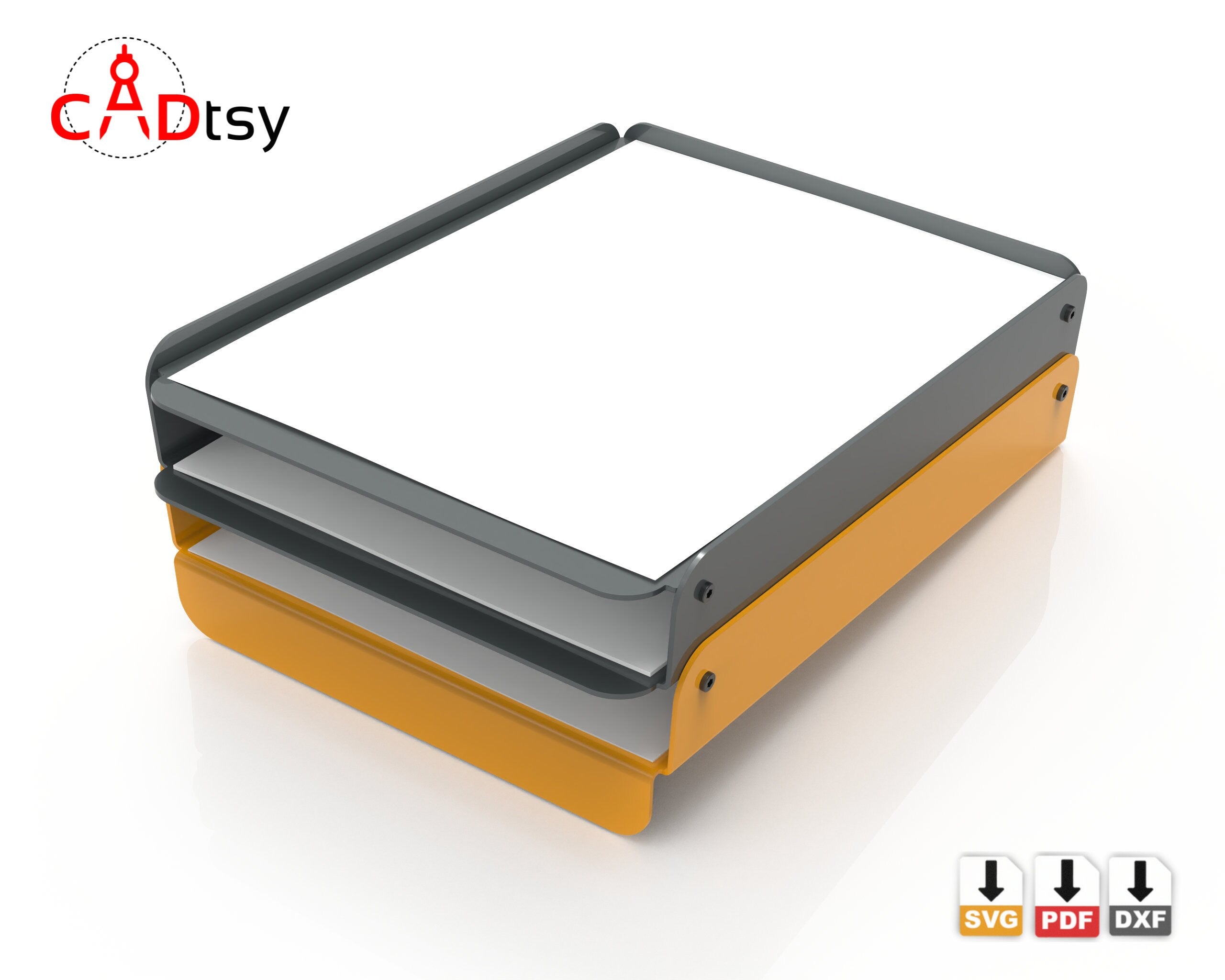Metal-formed office desk document organizer of the stacked paper tray. Painted yellow and paint. For Letter and A4 size format docs