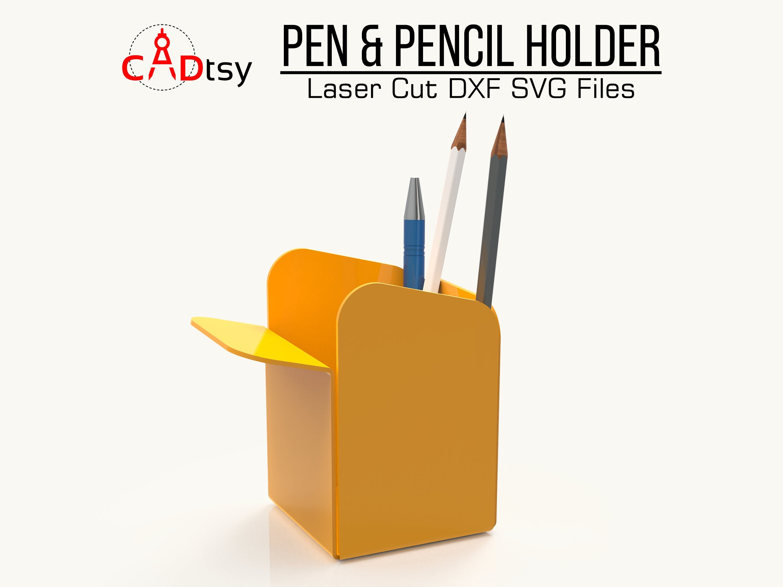 A modern, elegant metal pen holder, made from plasma dxf files, shown on a desk.