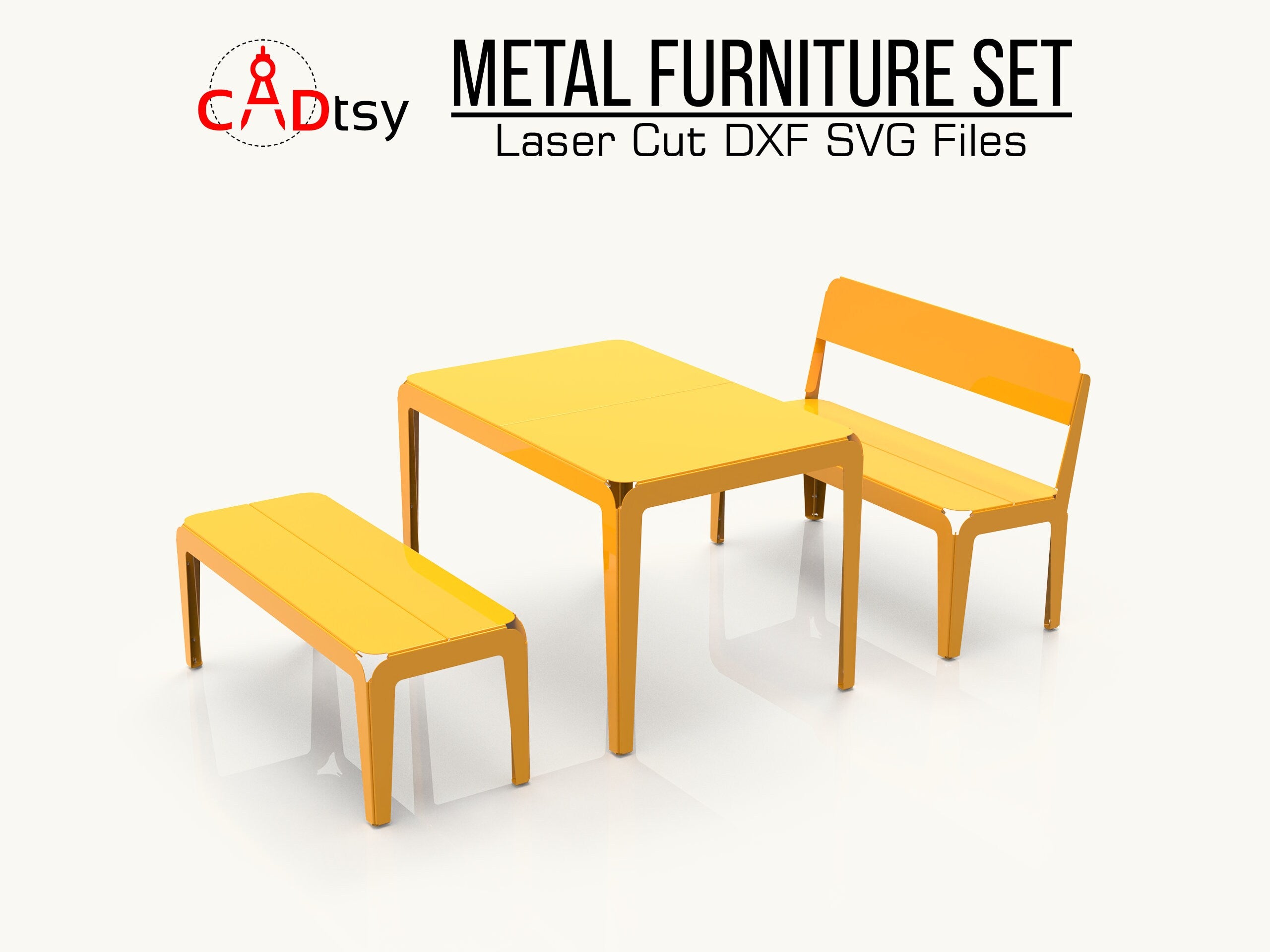 A complete set of modern outdoor metal furniture, including a table and two benches, made from plasma dxf files and shown on a patio.