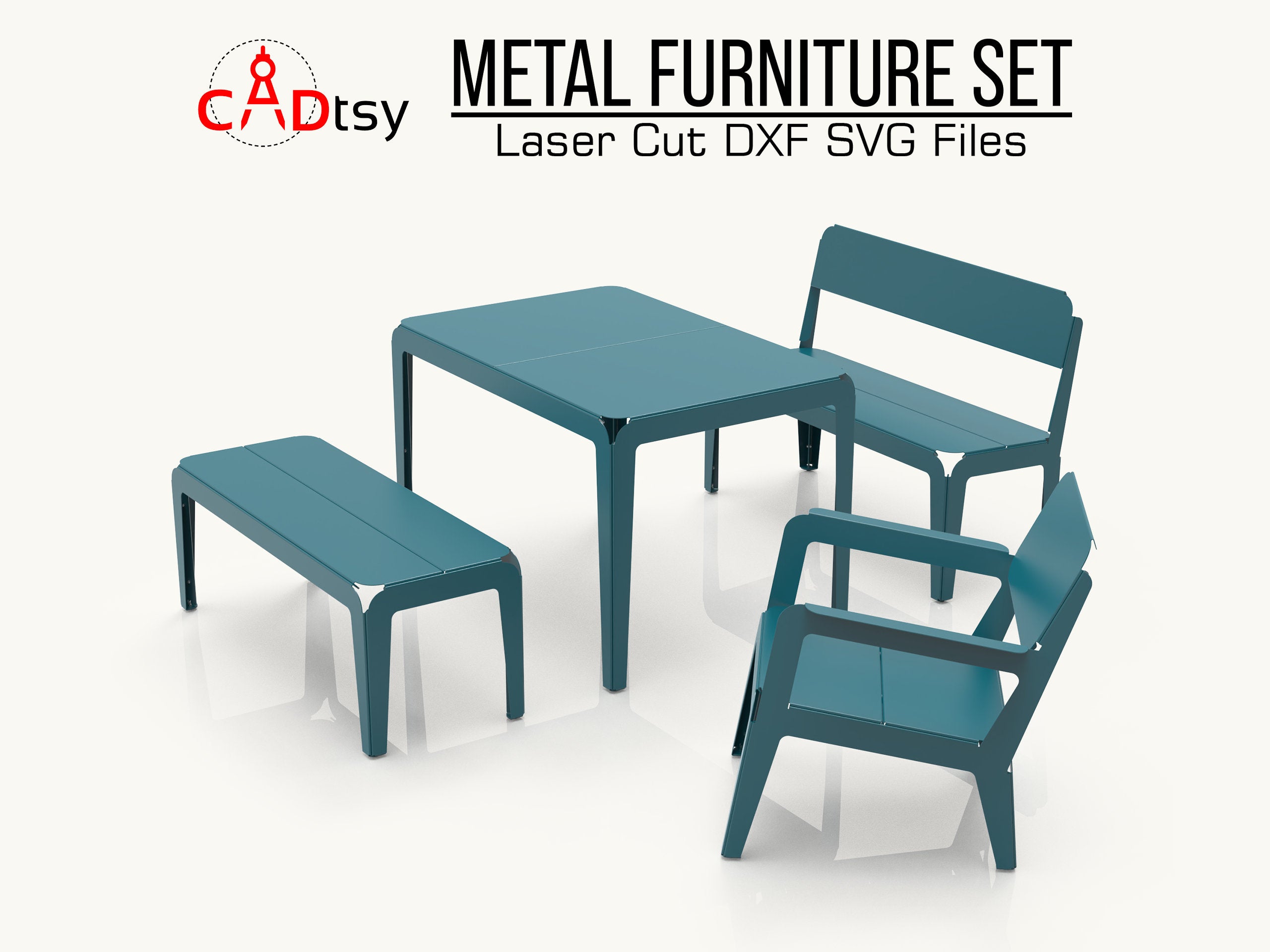 A complete set of modern outdoor metal furniture, including a table, two benches, and a lounge chair, made from plasma dxf files and shown on a patio.