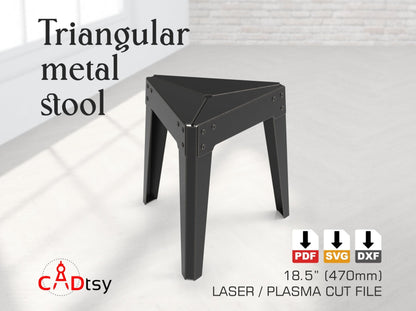A unique triangle-shaped metal stool, made from a dxf file, shown fully assembled.