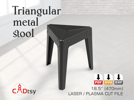 A unique triangle-shaped metal stool, made from a dxf file, shown fully assembled.