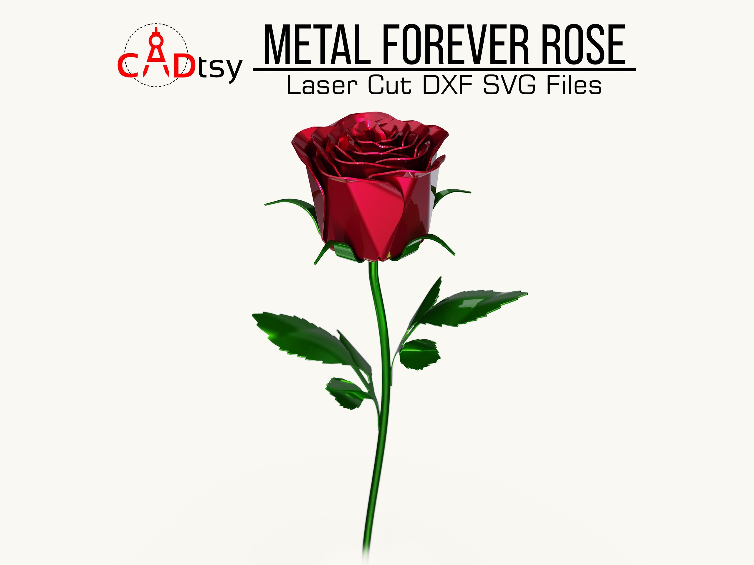 A beautiful, handcrafted metal rose, made from a DXF file, shown fully assembled.