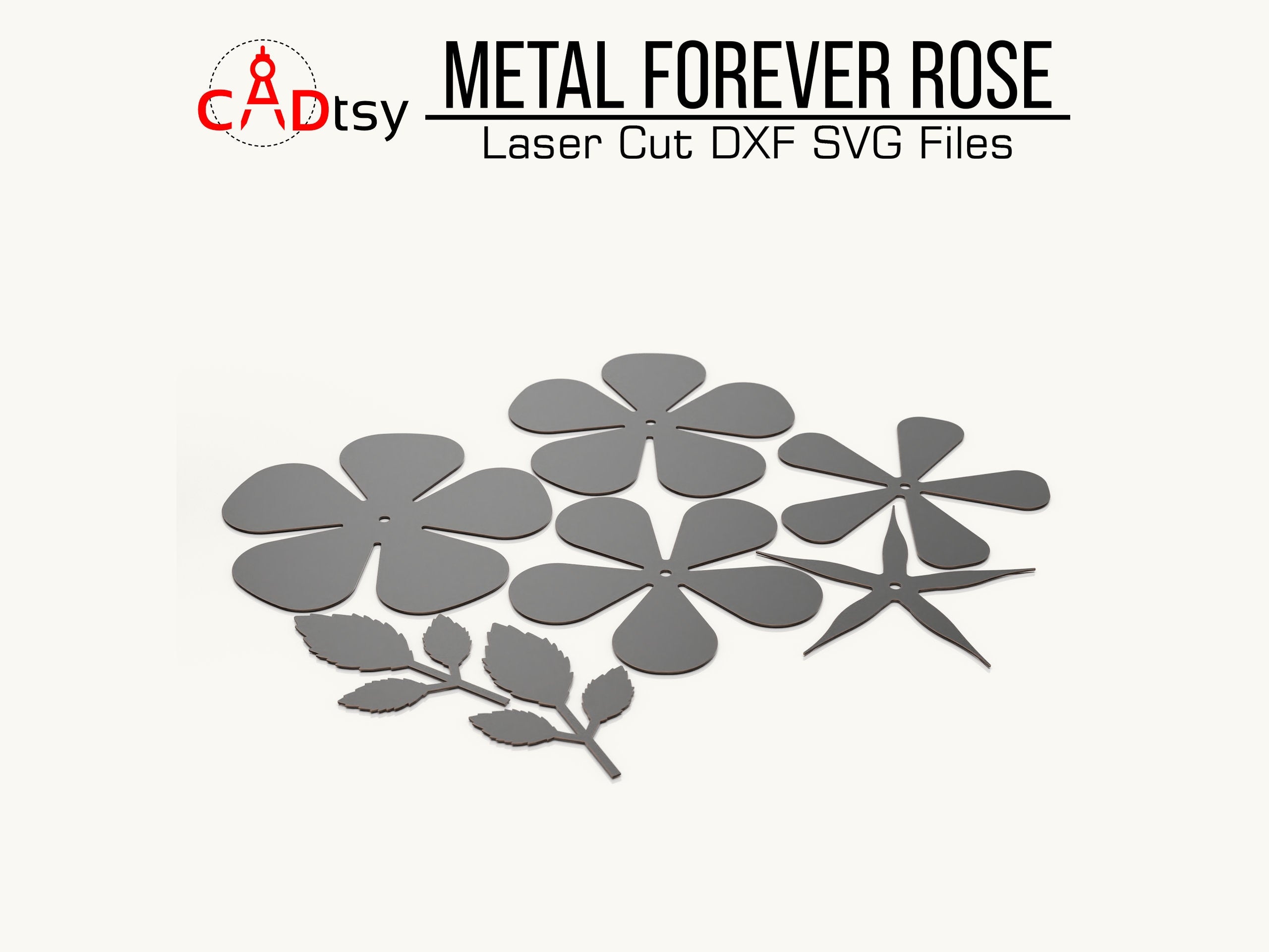 Close-up of a 3D metal rose model with intricate petal details, highlighting the METAL FOREVER ROSE; for laser cutting, provided in DXF and SVG file formats