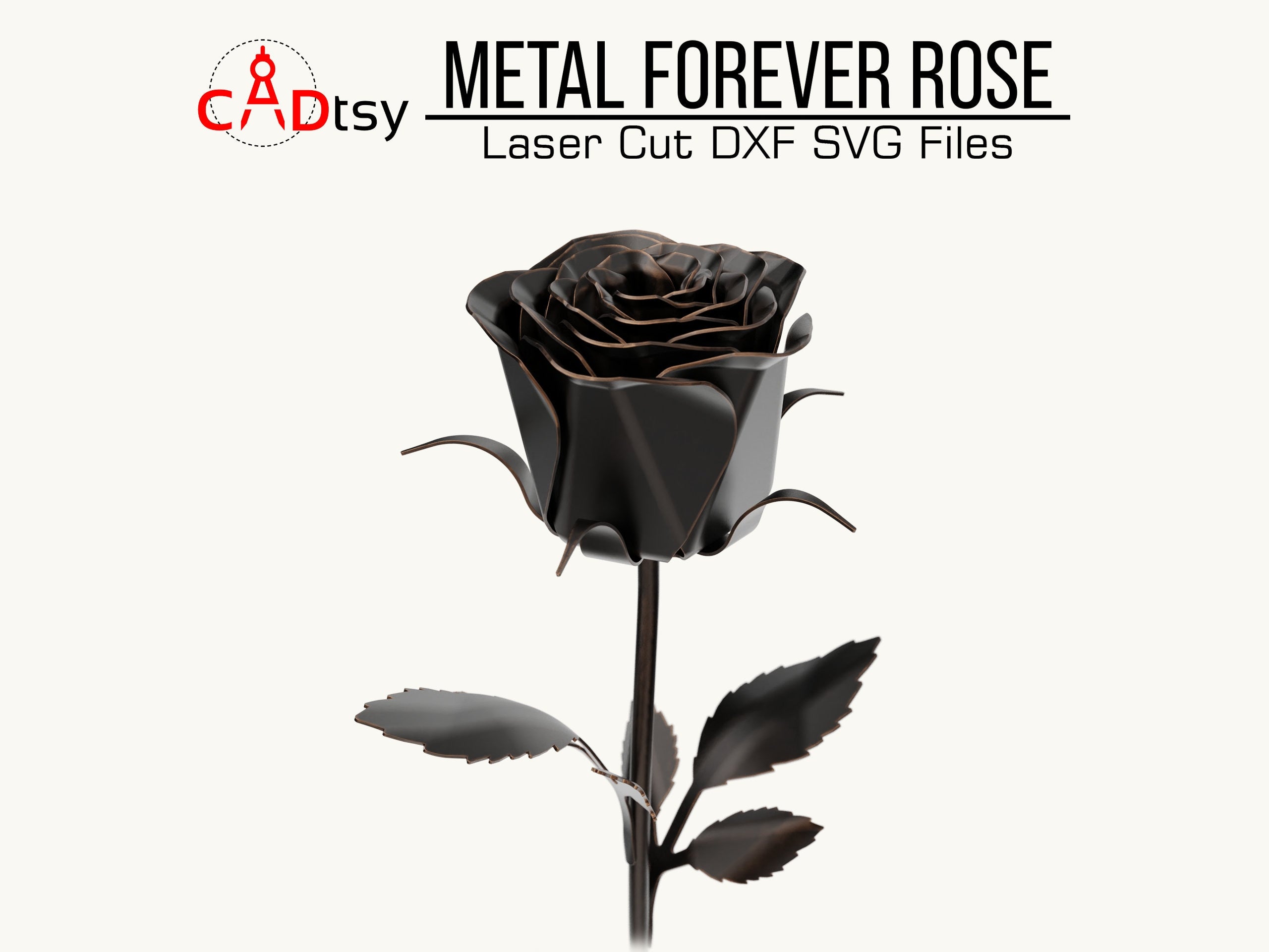 Close-up of a 3D metal rose model with intricate petal details, highlighting the METAL FOREVER ROSE; for laser cutting, provided in DXF and SVG file formats