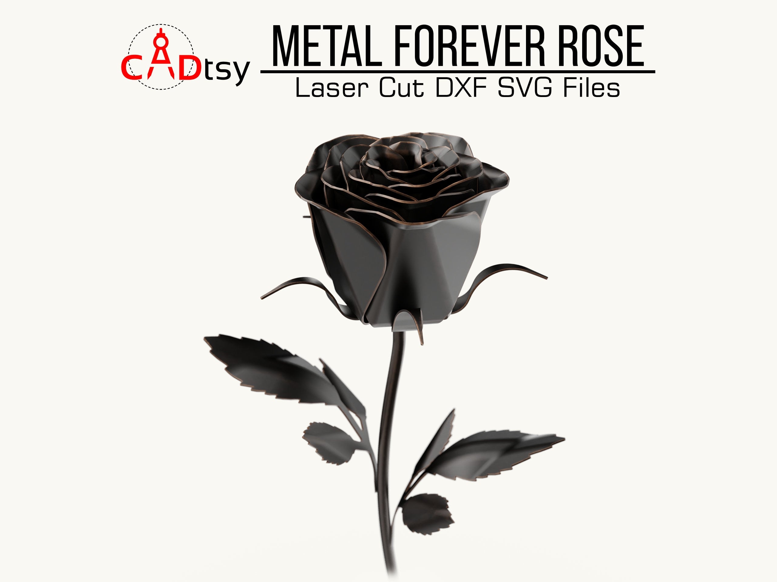 Close-up of a 3D metal rose model with intricate petal details, highlighting the METAL FOREVER ROSE; for laser cutting, provided in DXF and SVG file formats